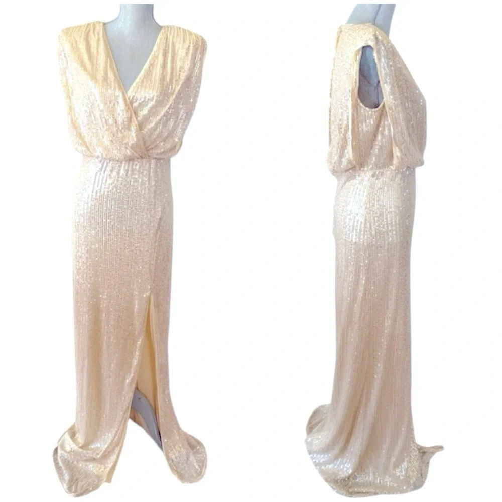 Lapis Sequin Champagne Maxi V Neck Dress with Slit Sparkle - Picture 1 of 15